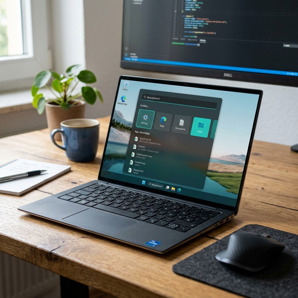 Ein Laptop auf einem Tisch mit einem externen Monitor im Hintergrund.