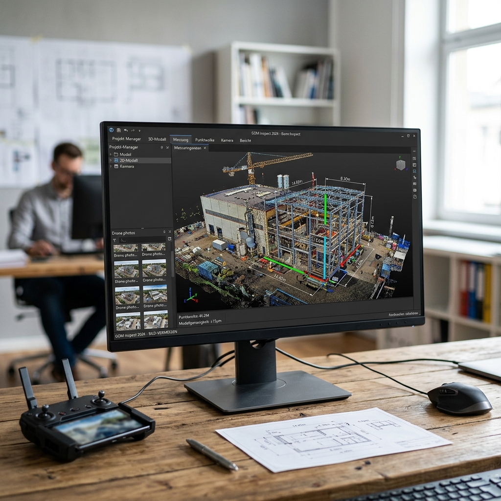Computer zeigt 3D-Modell eines Bauprojekts auf einem Tisch in einem Büro