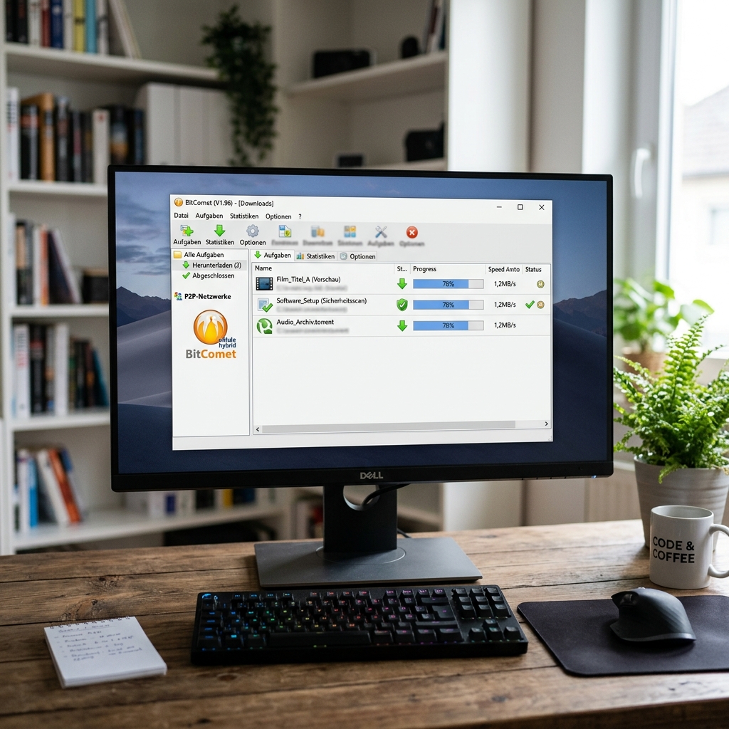 Screenshot der BitComet Download-Software auf einem Computerbildschirm.