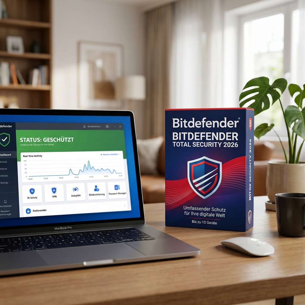 Verpackung von Bitdefender Total Security 2026 neben einem Laptop.