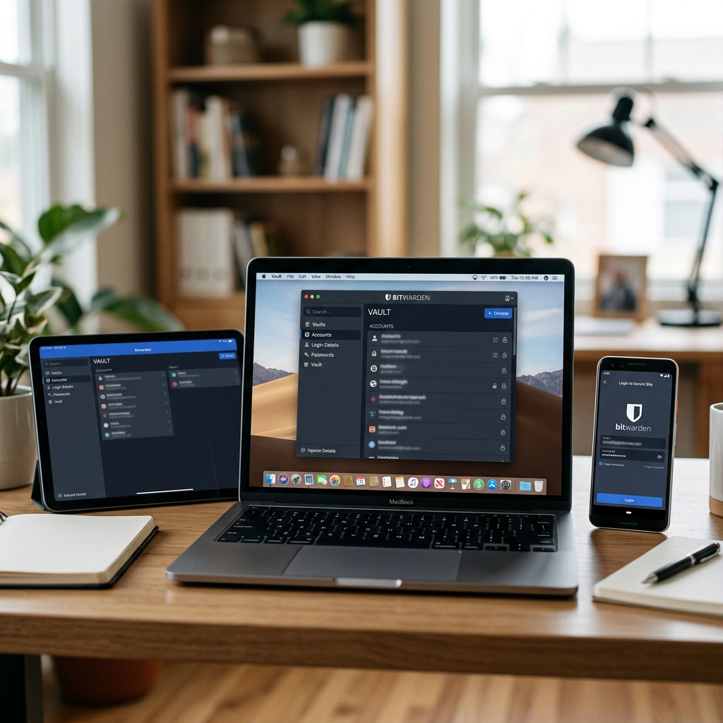 Bild zeigt Laptop, Tablet und Smartphone mit Bitwarden-App.