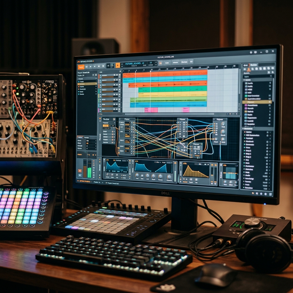 Setup zur Musikproduktion mit Monitor, Tastatur und MIDI-Controller
