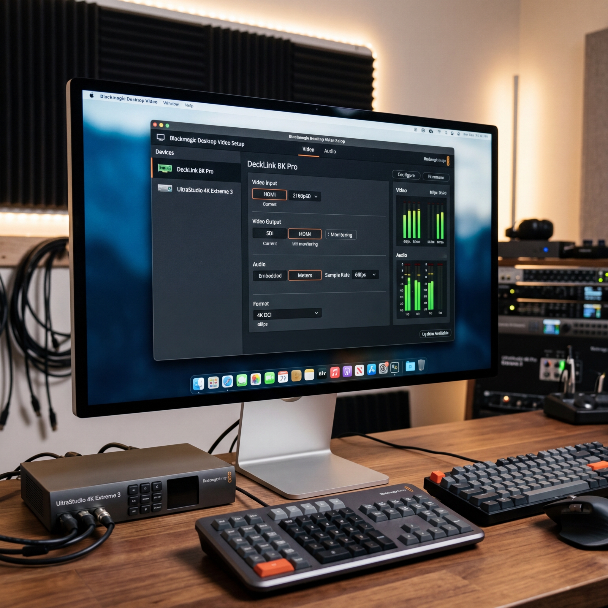 Monitorschnittstelle mit Setup-Menü für Video und Audio.