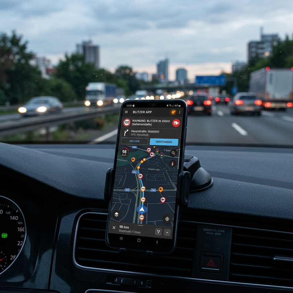 Smartphone mit Navigationsapp auf dem Armaturenbrett eines Fahrzeugs