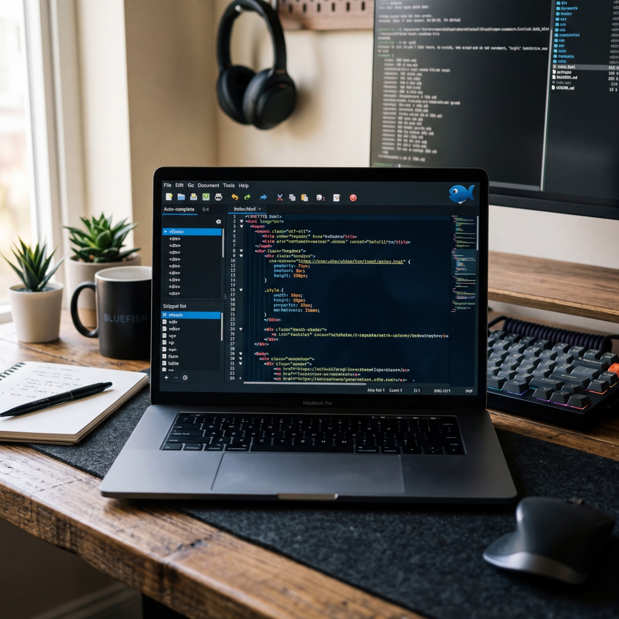 Laptop auf einem Tisch mit geöffneter Programmierumgebung und Notizbuch