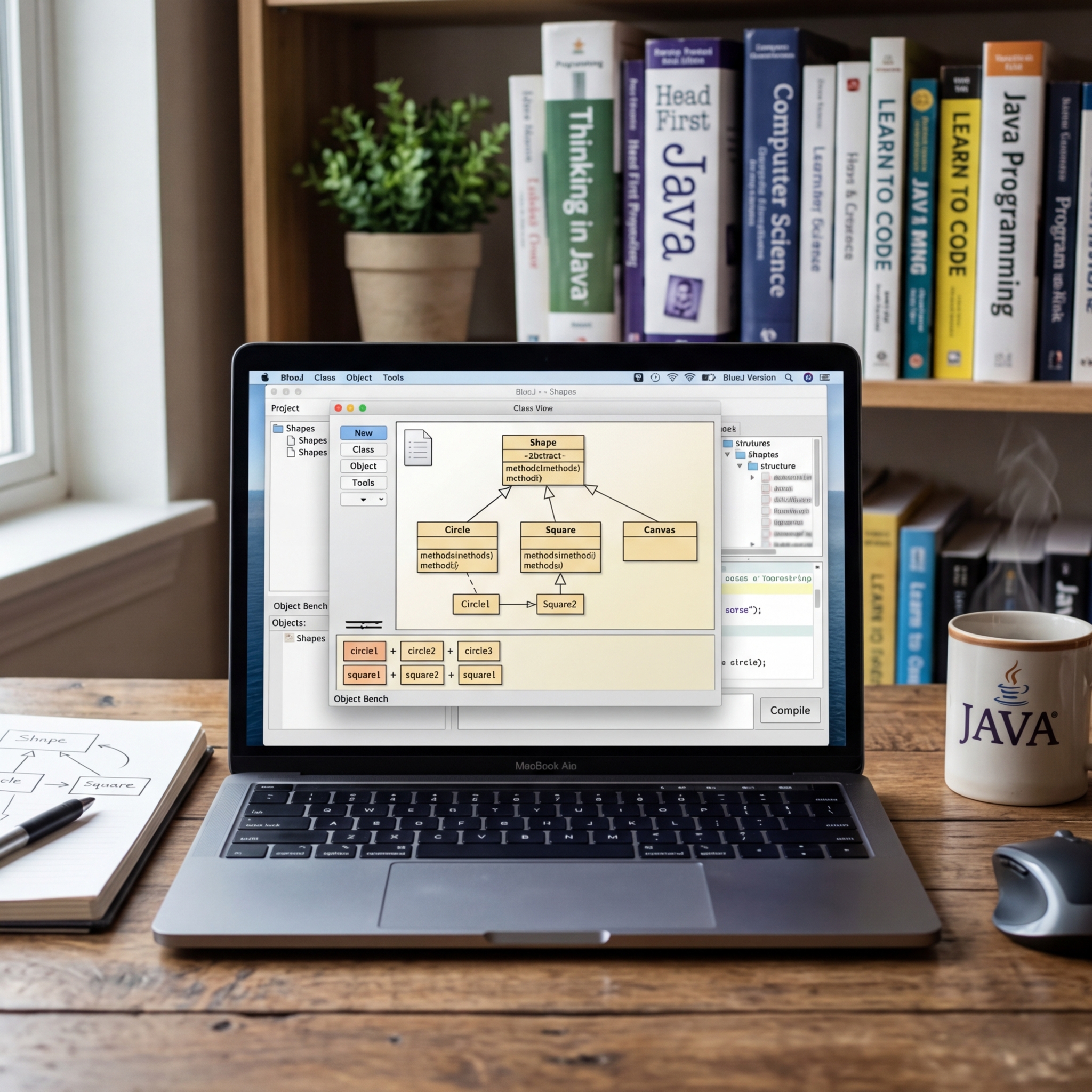 Laptop mit Java-Software und Bücherregal im Hintergrund