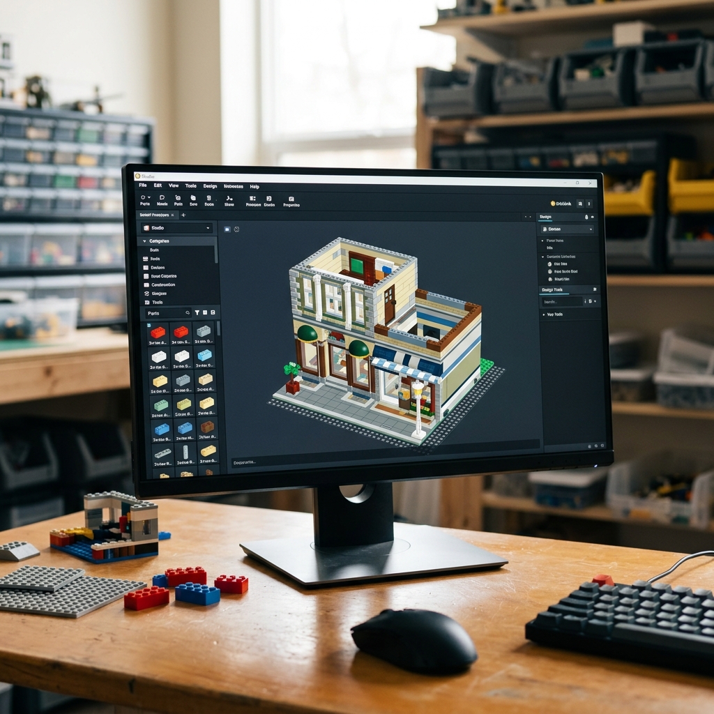 Computer screen displaying digital LEGO building design with parts and tools.
