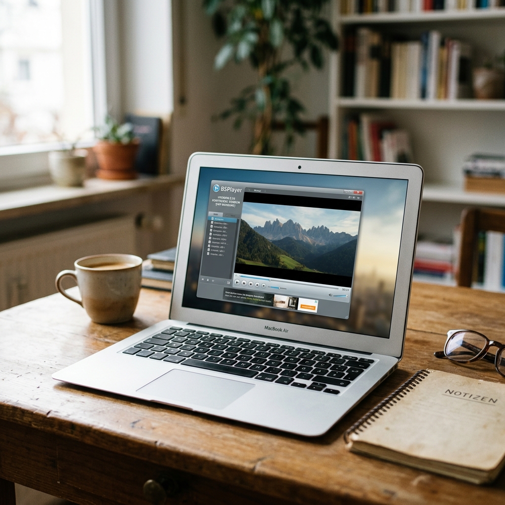Laptop auf Holztisch mit Kaffeetasse und Notizblock im Hintergrund