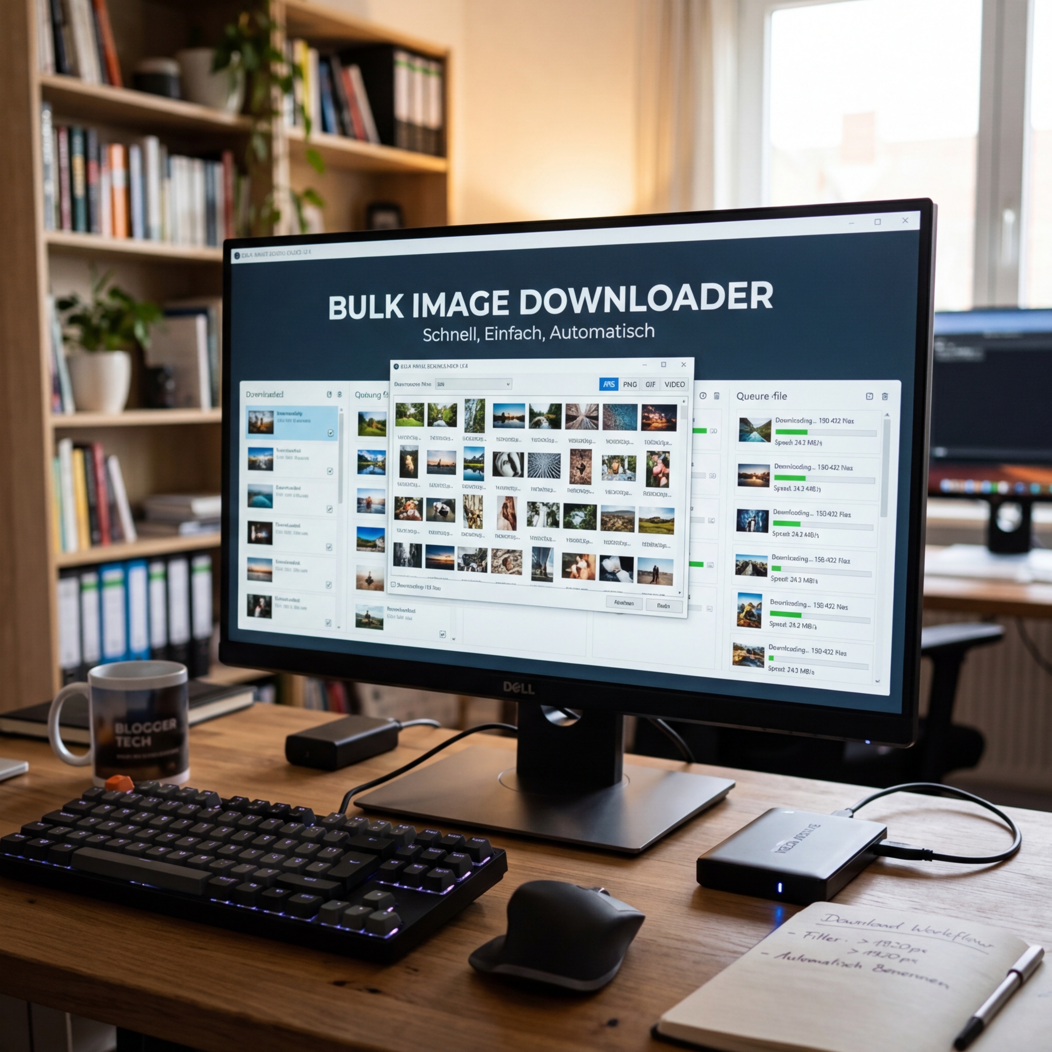 Computerbildschirm mit Bulk Image Downloader Software und Arbeitsutensilien auf einem Tisch