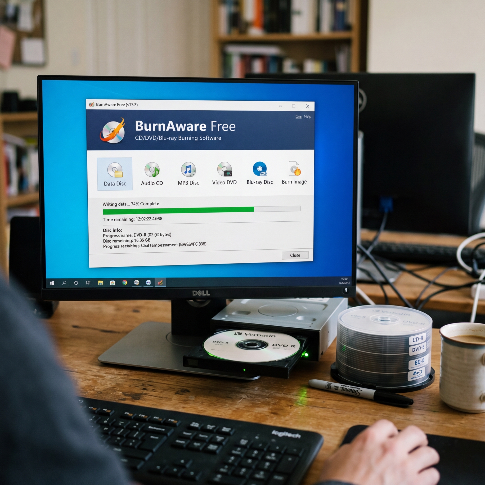 Bildschirm mit BurnAware Free Software und DVD-Brenner