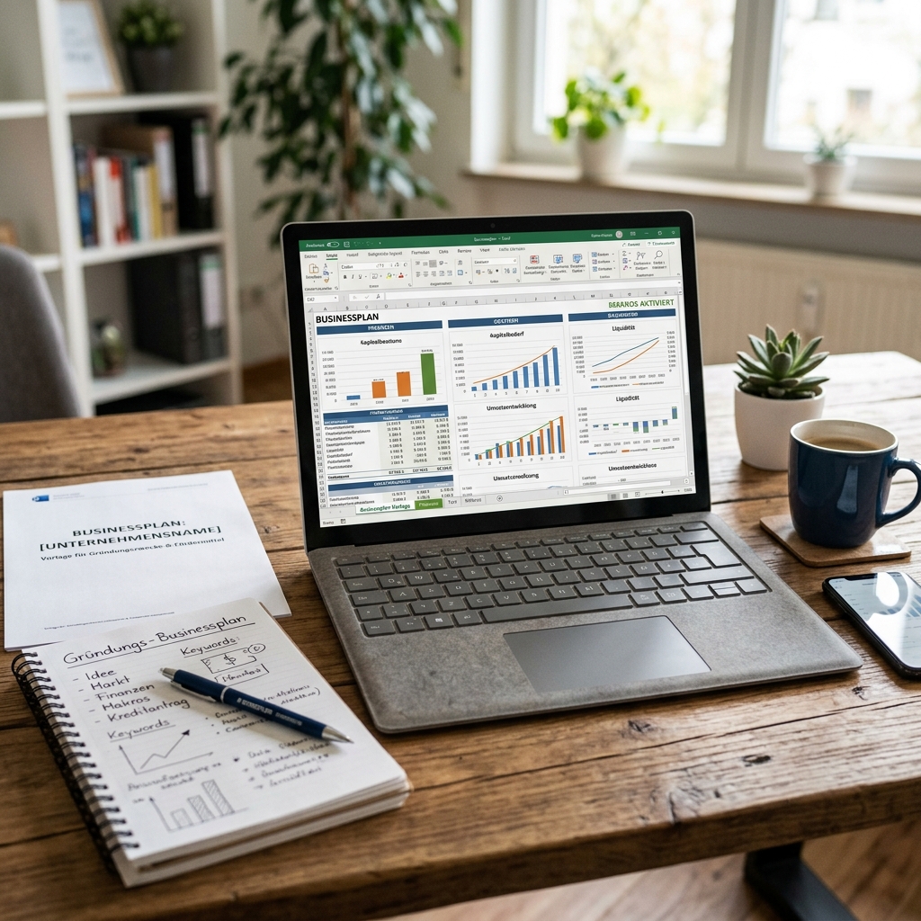 Laptop mit Businessplan und Grafiken auf einem Tisch