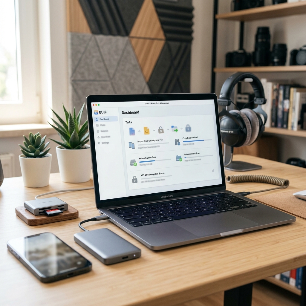 Laptop auf einem Schreibtisch mit Zubehör und Pflanzen
