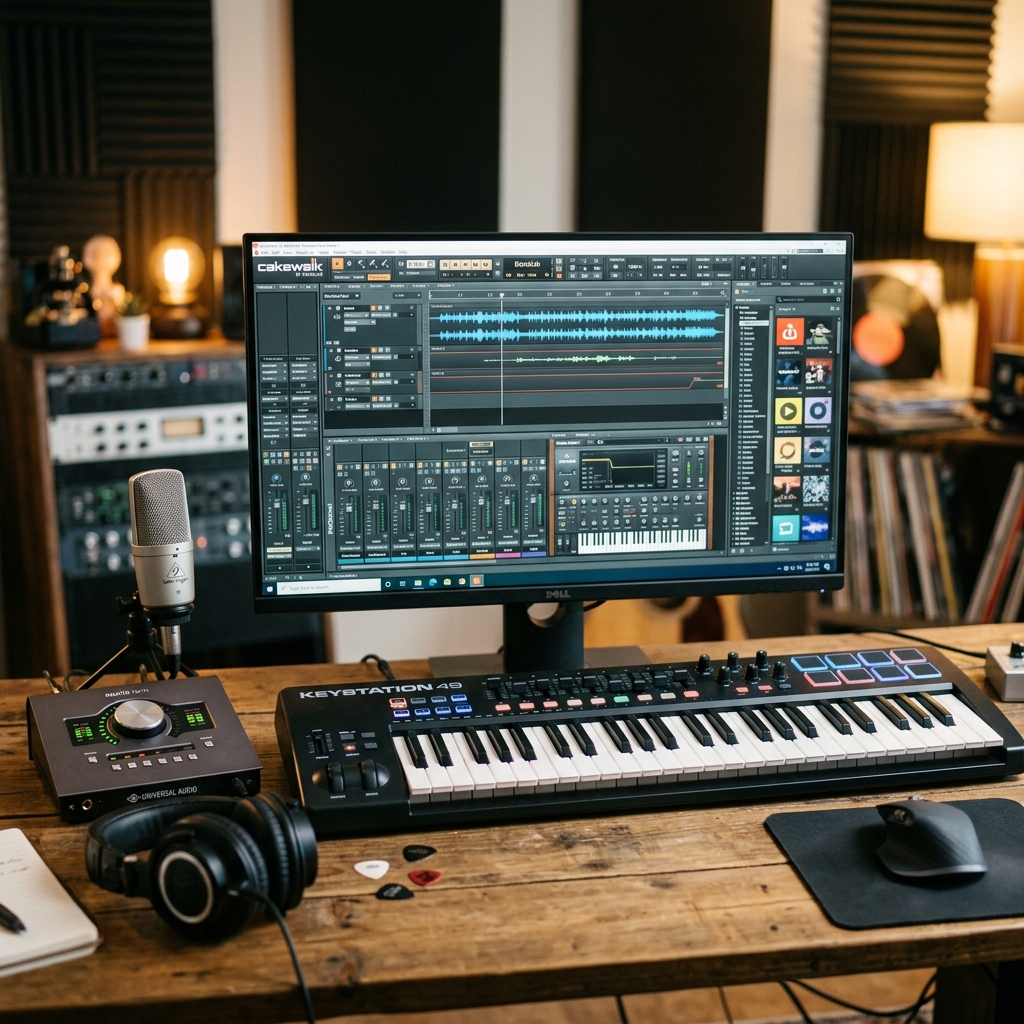 Computermonitor mit Musiksoftware, MIDI-Controller, Mikrofon und Kopfhörern
