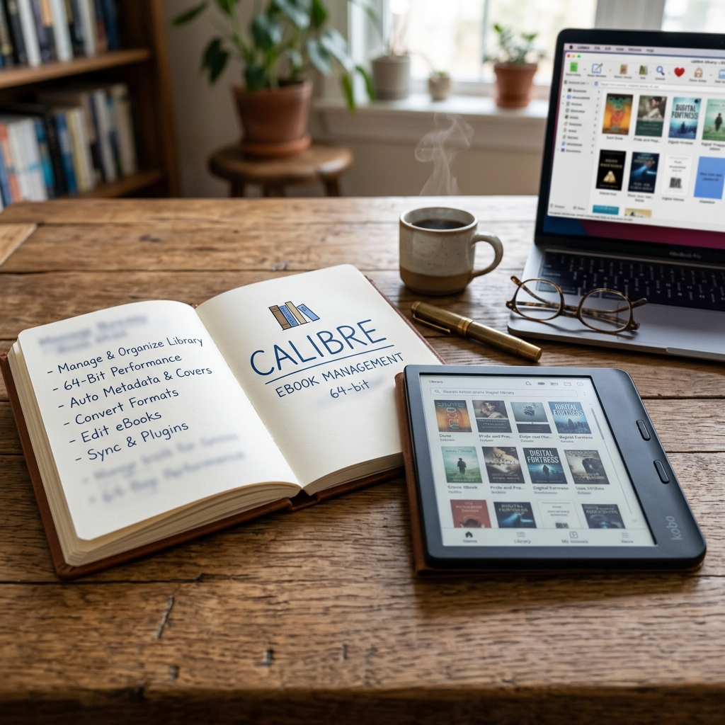 Calibre eBook Management interface with open book and e-reader