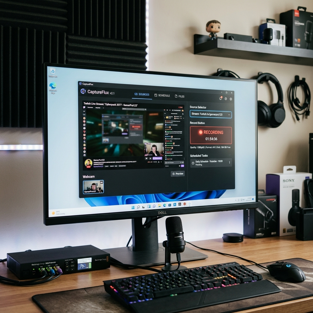 Computermonitor mit Streaming-Software, Tastatur und Mikrofon