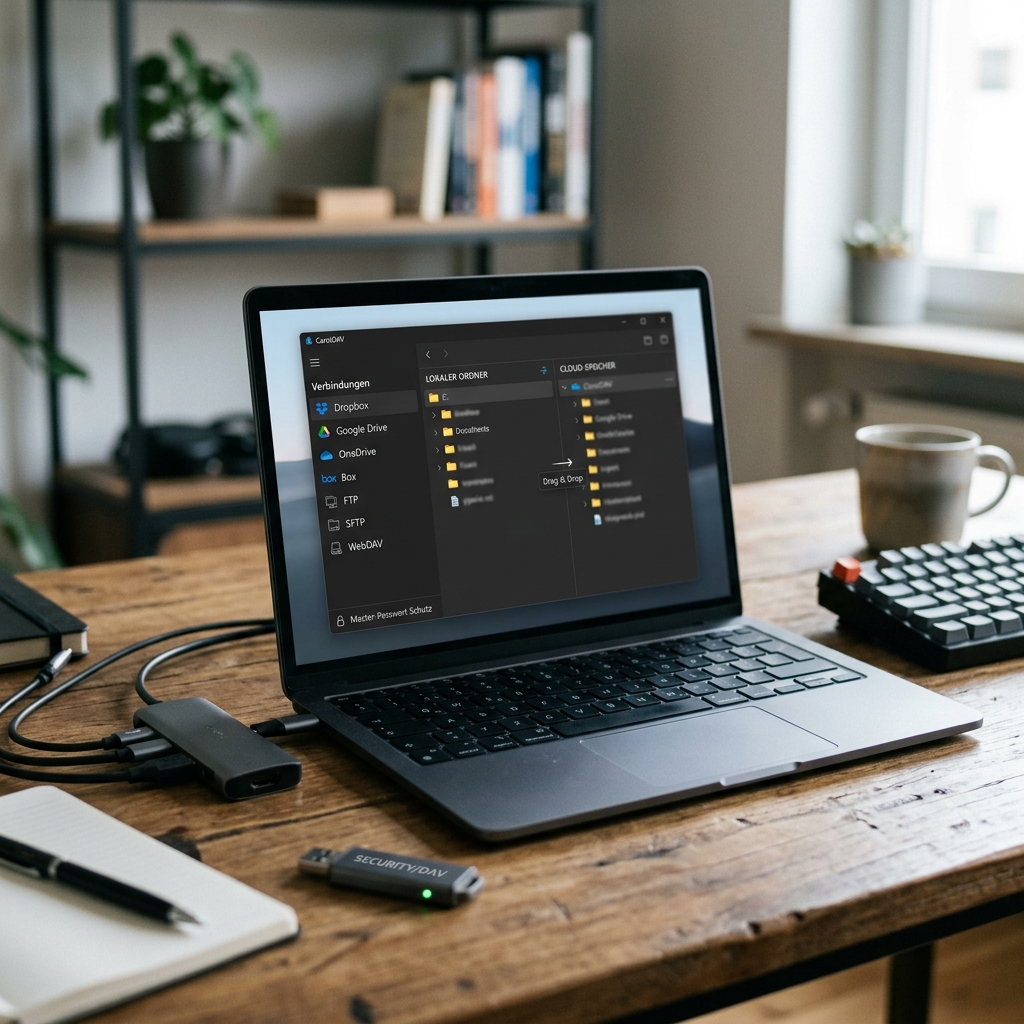 Laptop auf einem Schreibtisch mit Dateimanager und Zubehör