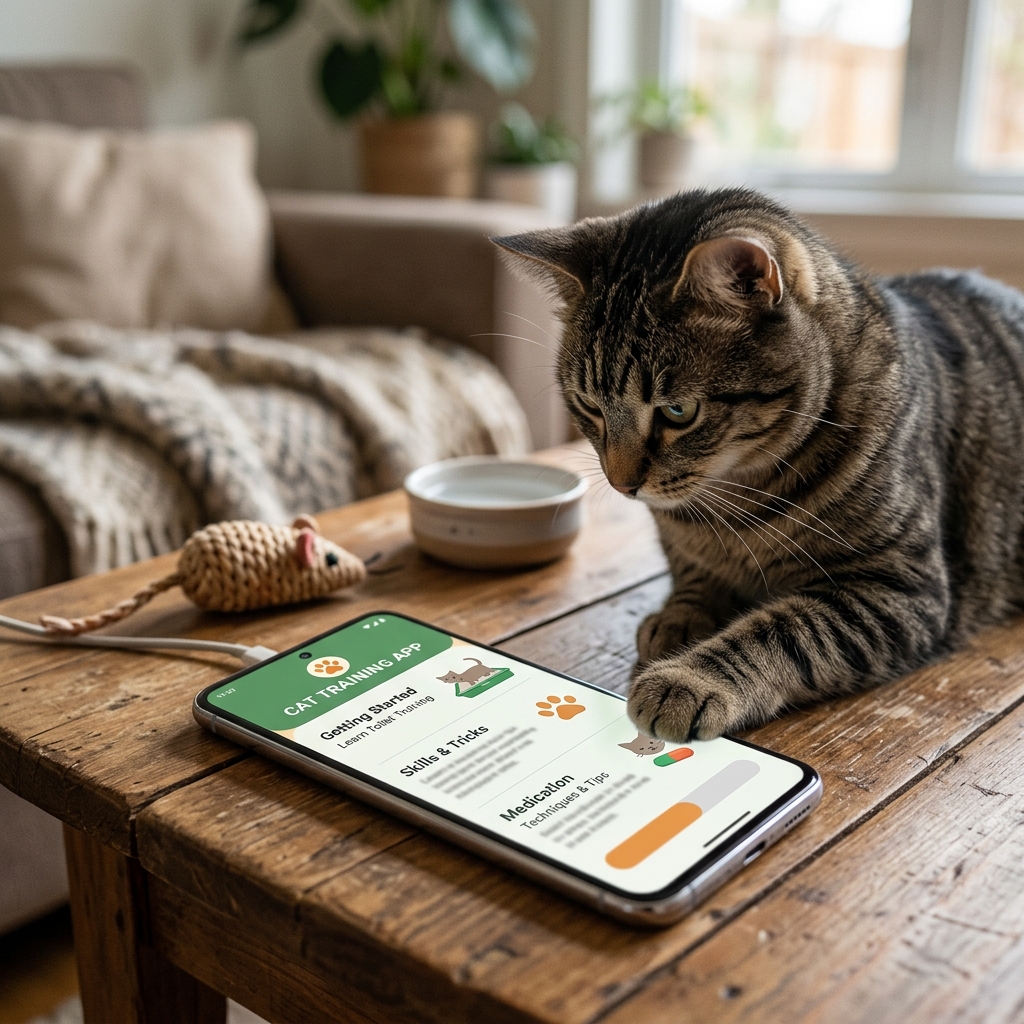Eine Katze untersucht ein Smartphone auf einem Tisch.