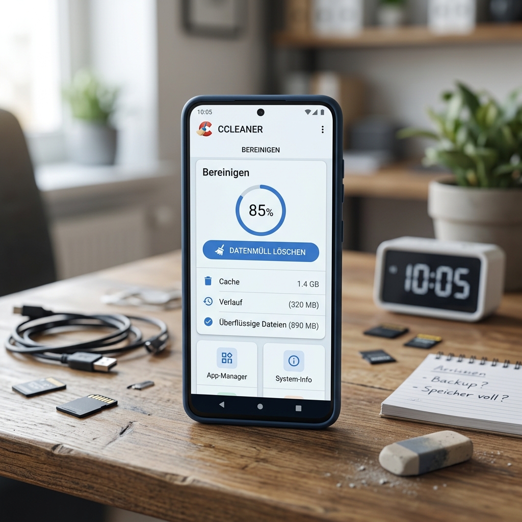 Smartphone zeigt CCleaner App zur Speicherbereinigung