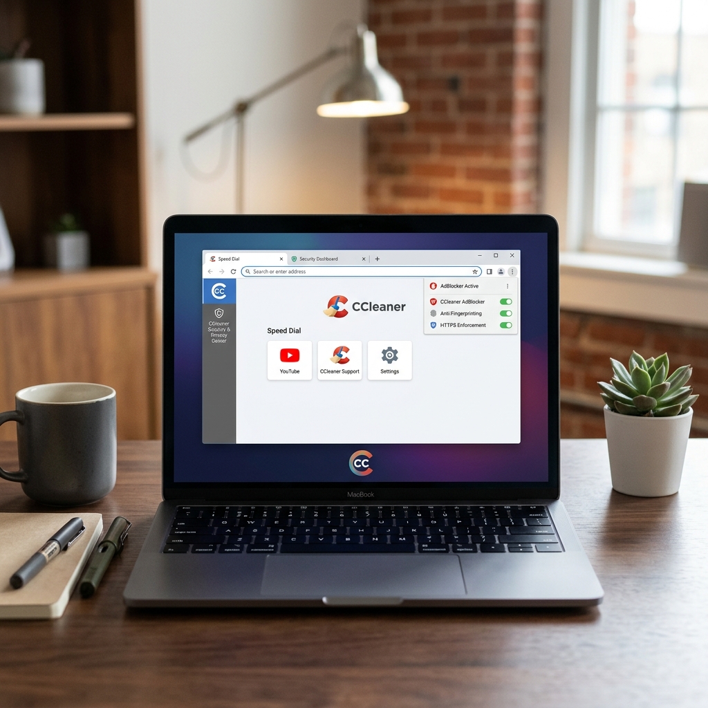 Laptop zeigt CCleaner Benutzeroberfläche mit Speed Dial und Einstellungen