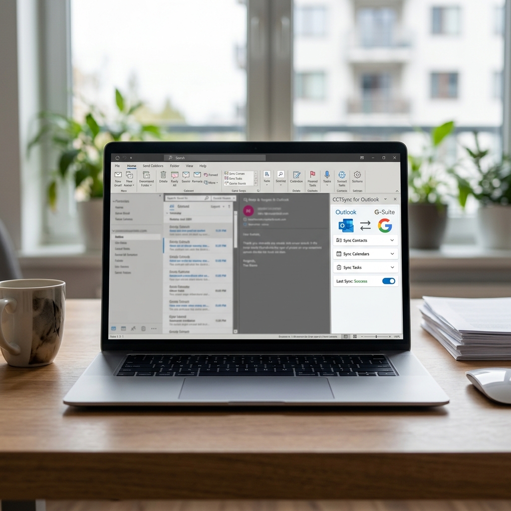 Laptop mit geöffneter Outlook-Oberfläche und Google-Sync Einstellungen