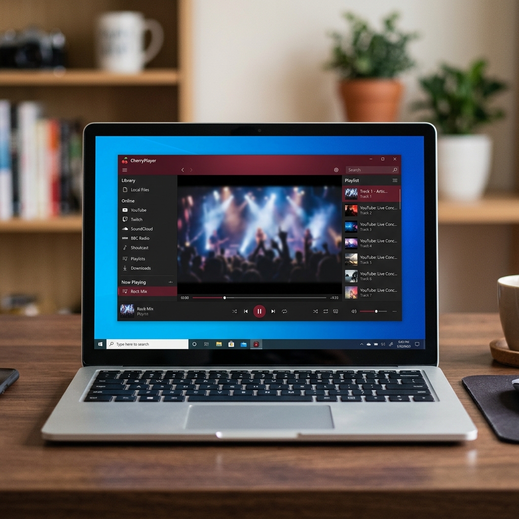 Ein Laptop zeigt einen Musikplayer mit einer Playlist und abspielbarem Video.