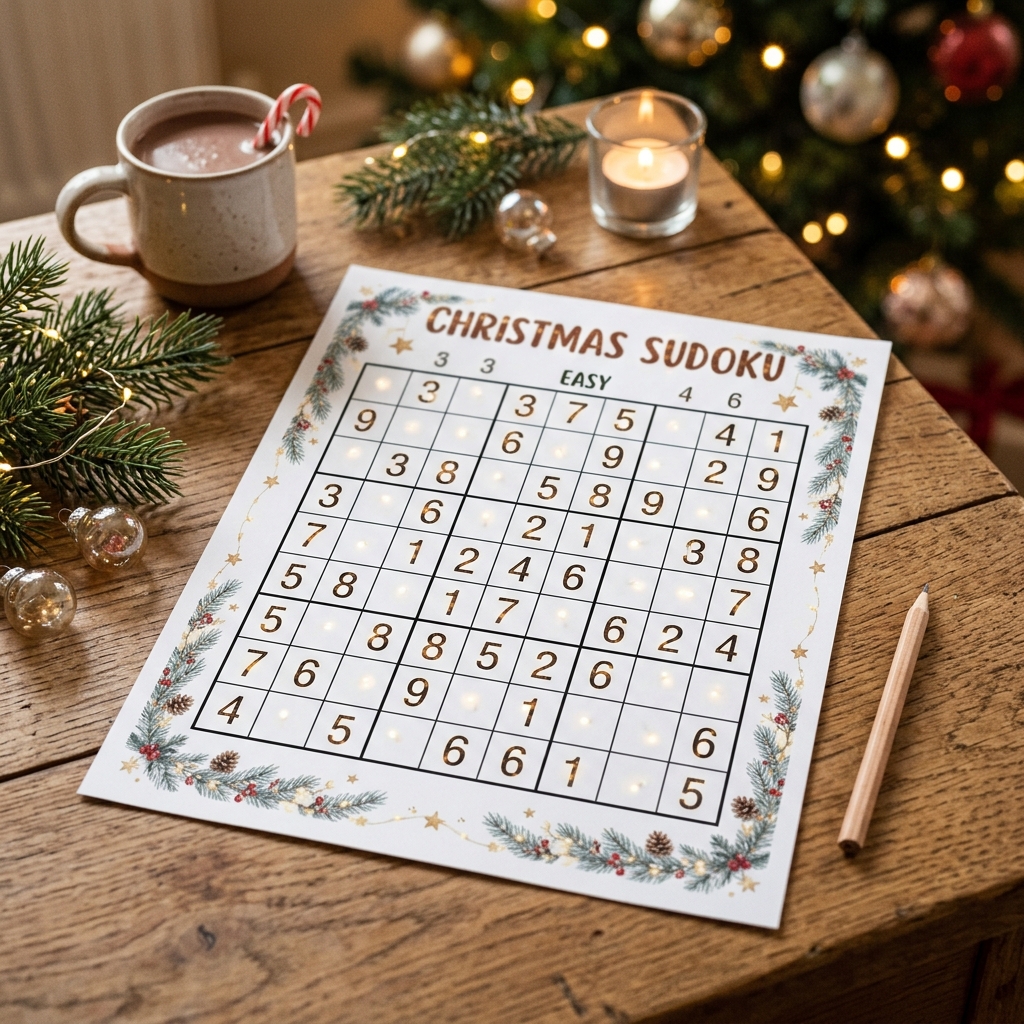 Ein Weihnachts-Sudoku auf einem Tisch mit einem heißen Getränk und Dekoration.