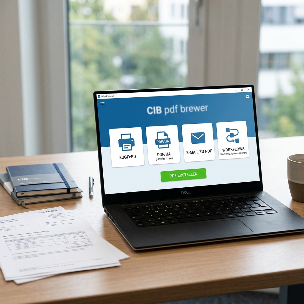 Laptop mit CIB pdf brewer Software in modernem Büro.