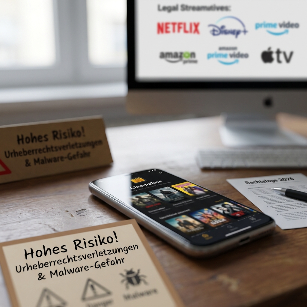 Smartphone mit Streaming-App und Warnhinweis auf einem Tisch