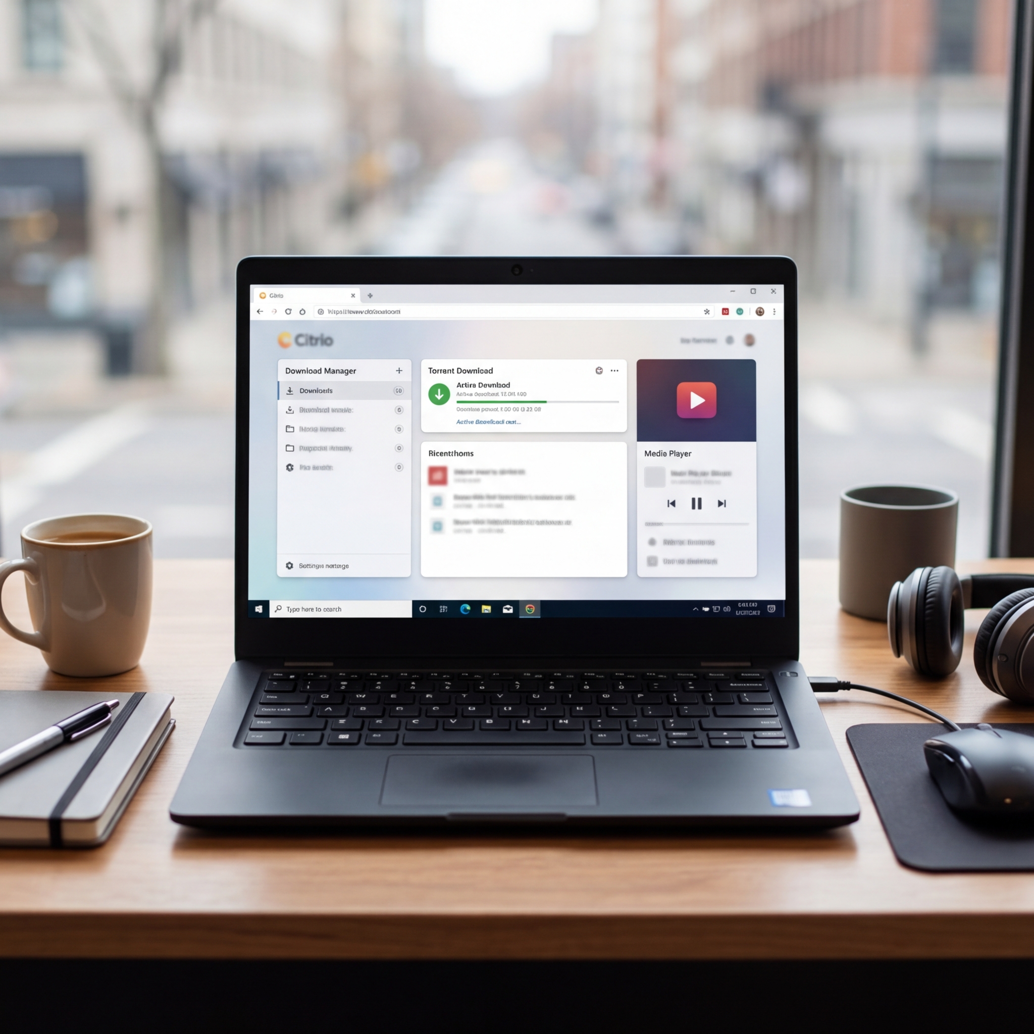 Laptop zeigt Download-Manager und Medienwiedergabeansicht
