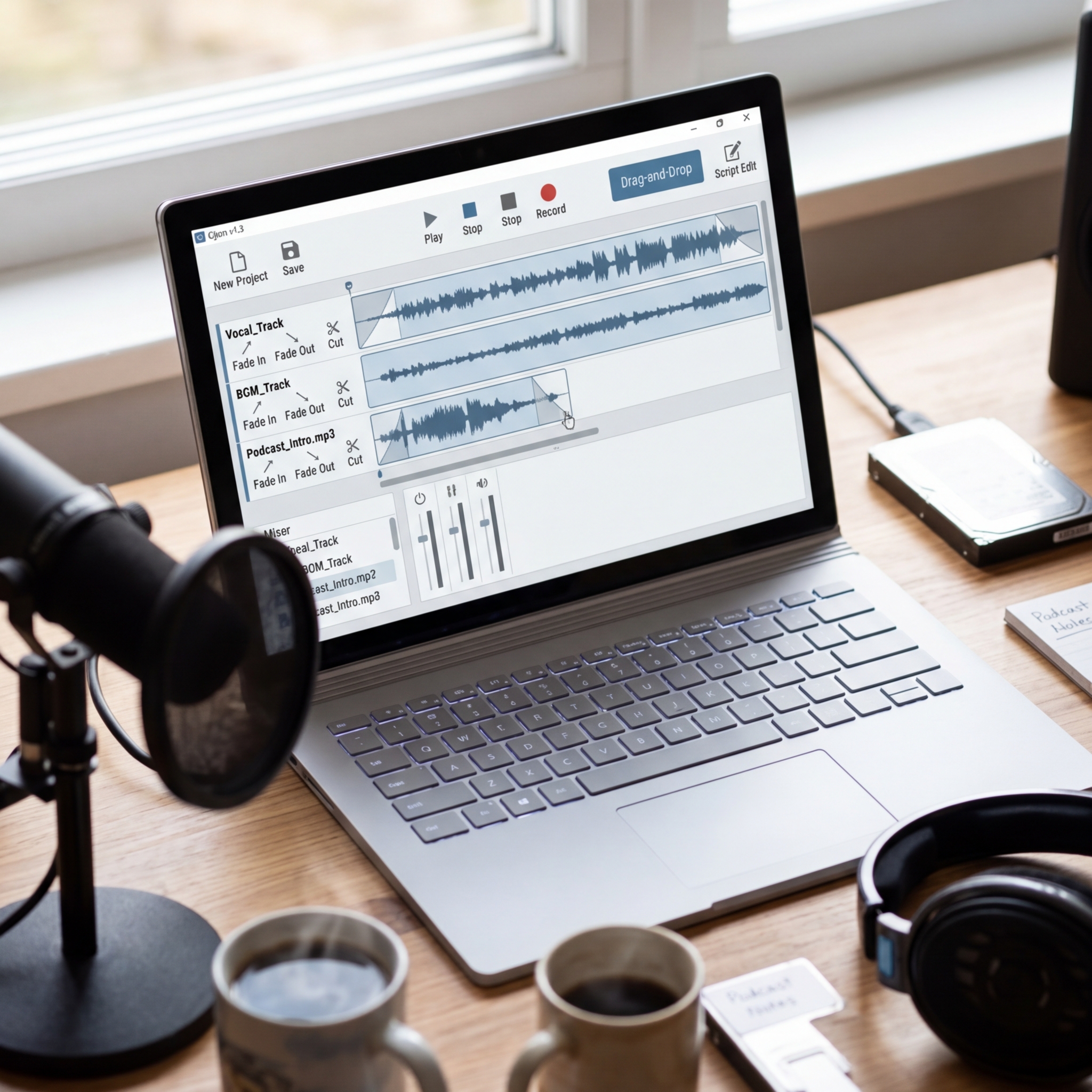 Laptop mit Audio-Editing-Software und Mikrofon