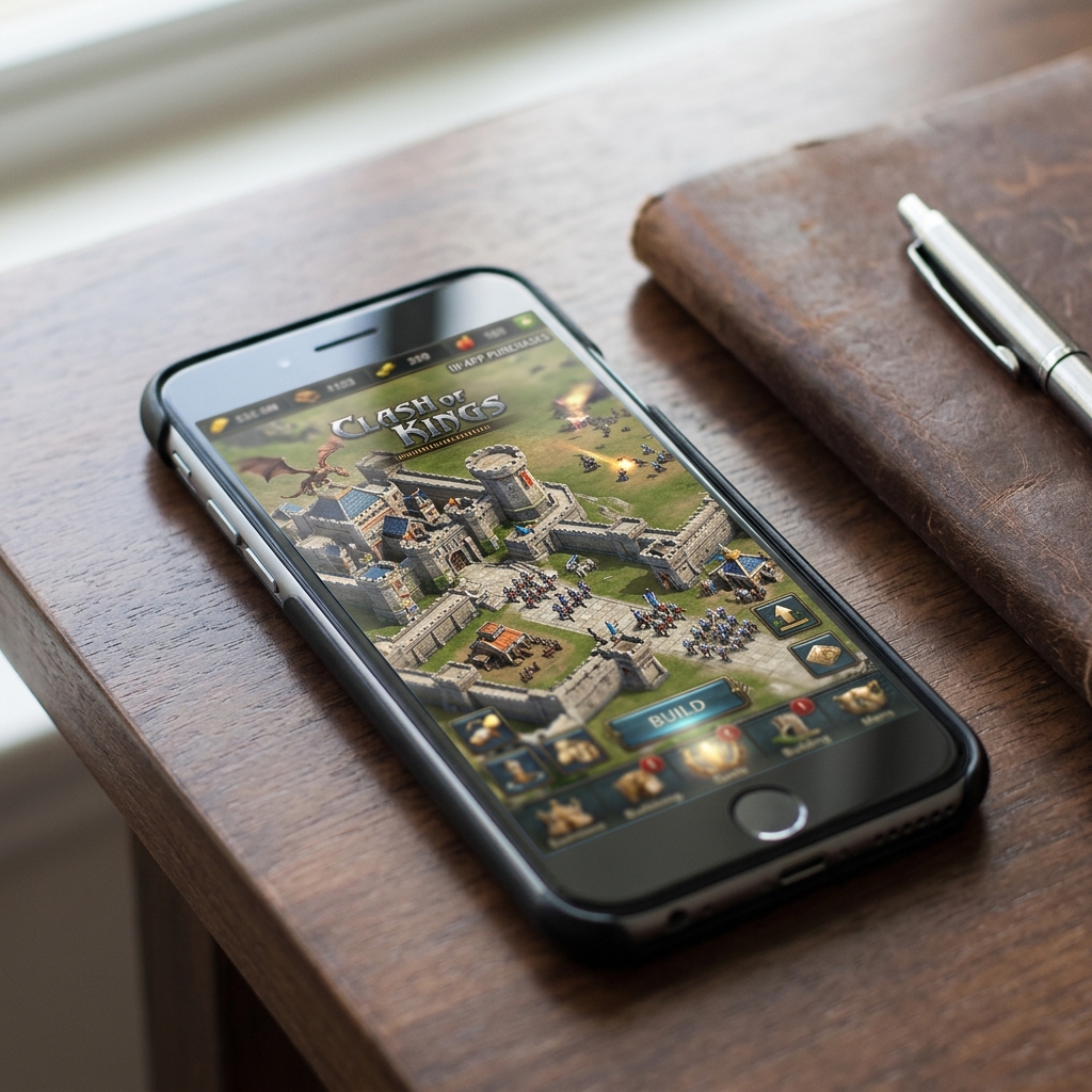 Smartphone zeigt das Spiel Clash of Kings auf einem Tisch.