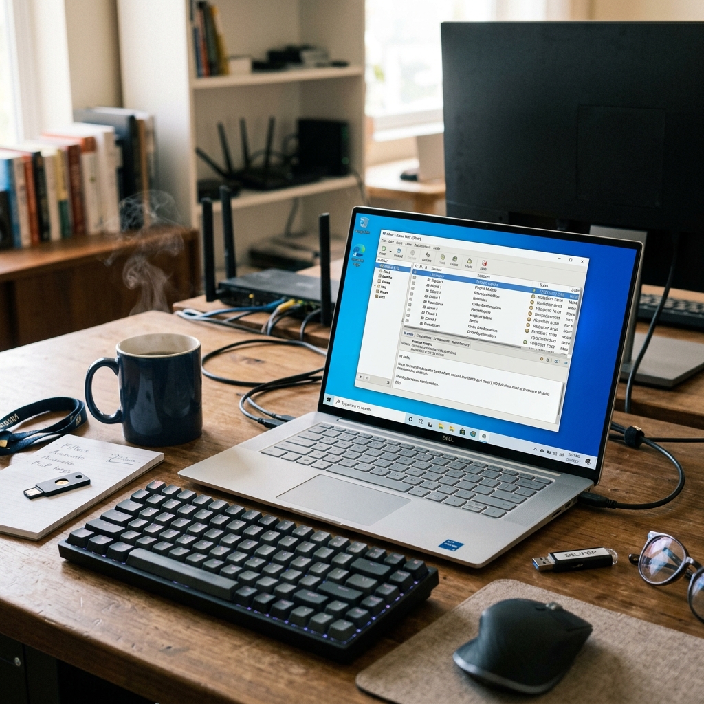 Schreibtisch mit Laptop, Tastatur, Kaffeetasse und Zubehör