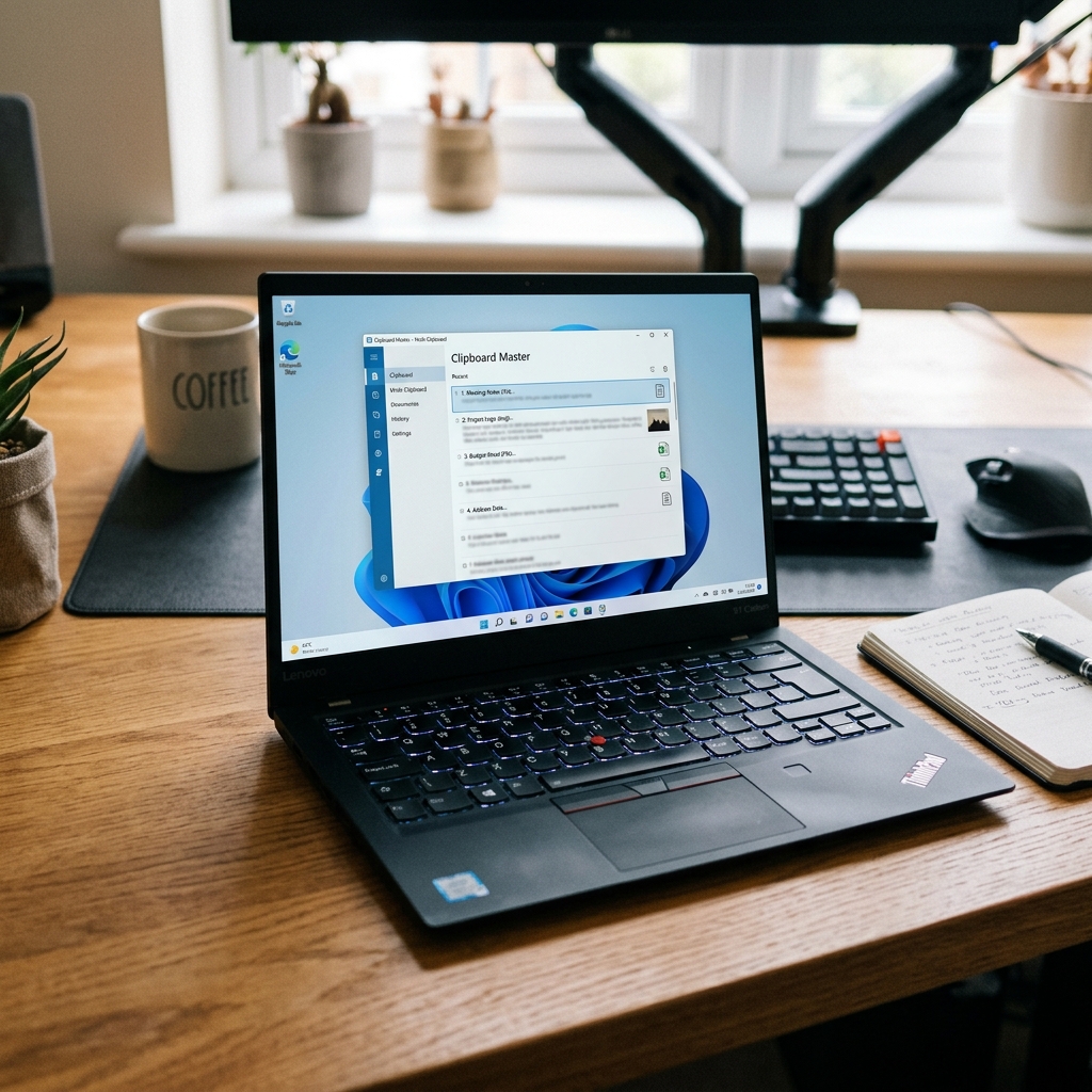 Laptop auf einem Holzschreibtisch mit geöffnetem Programmfenster