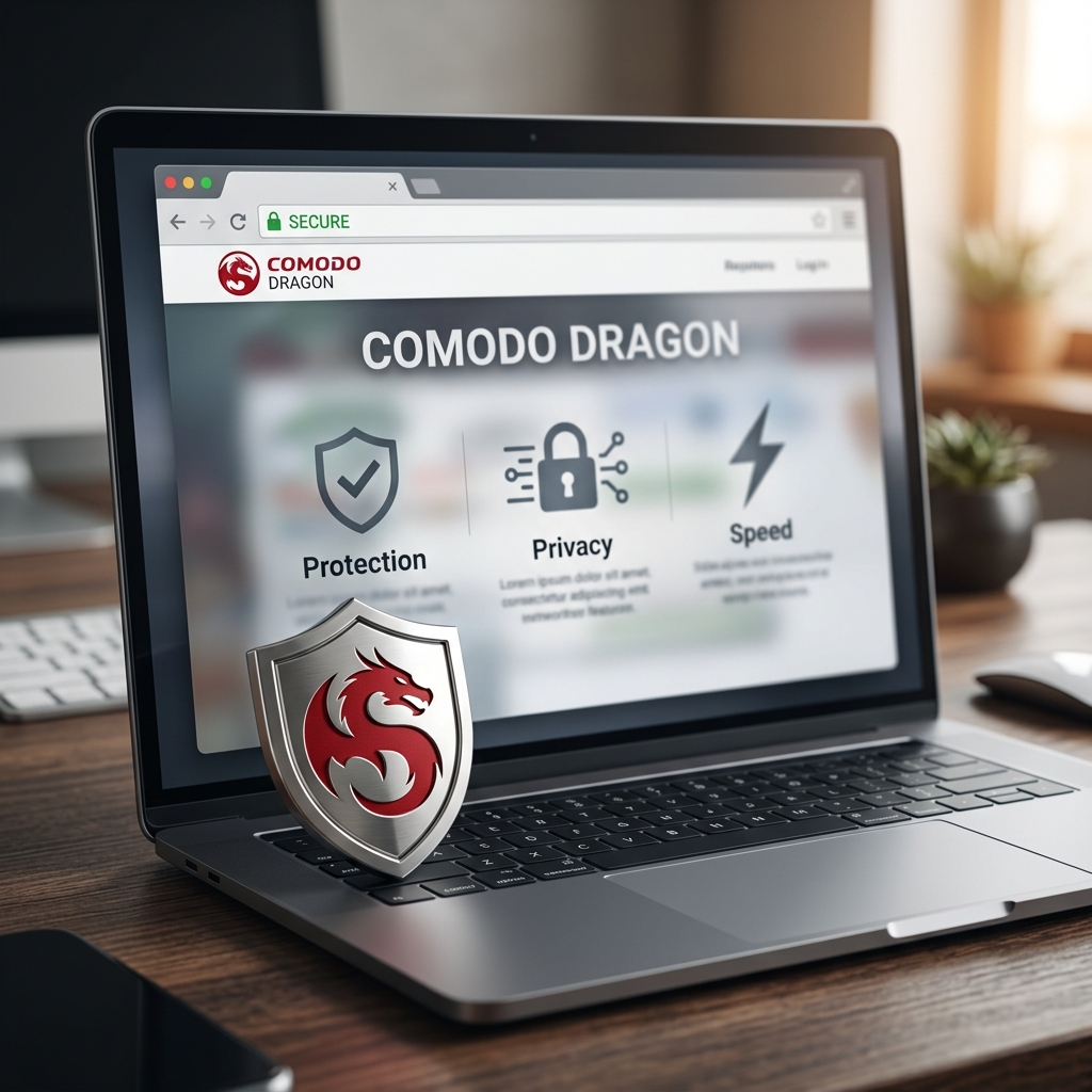 Screenshot des COMODO Dragon Browsers mit Sicherheitsmerkmalen