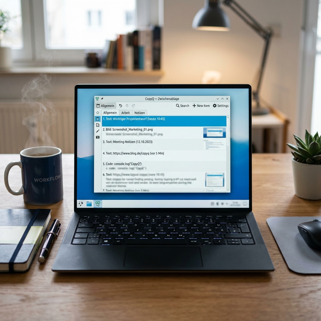 Laptop zeigt Zwischenablage mit Projektdetails und Notizen