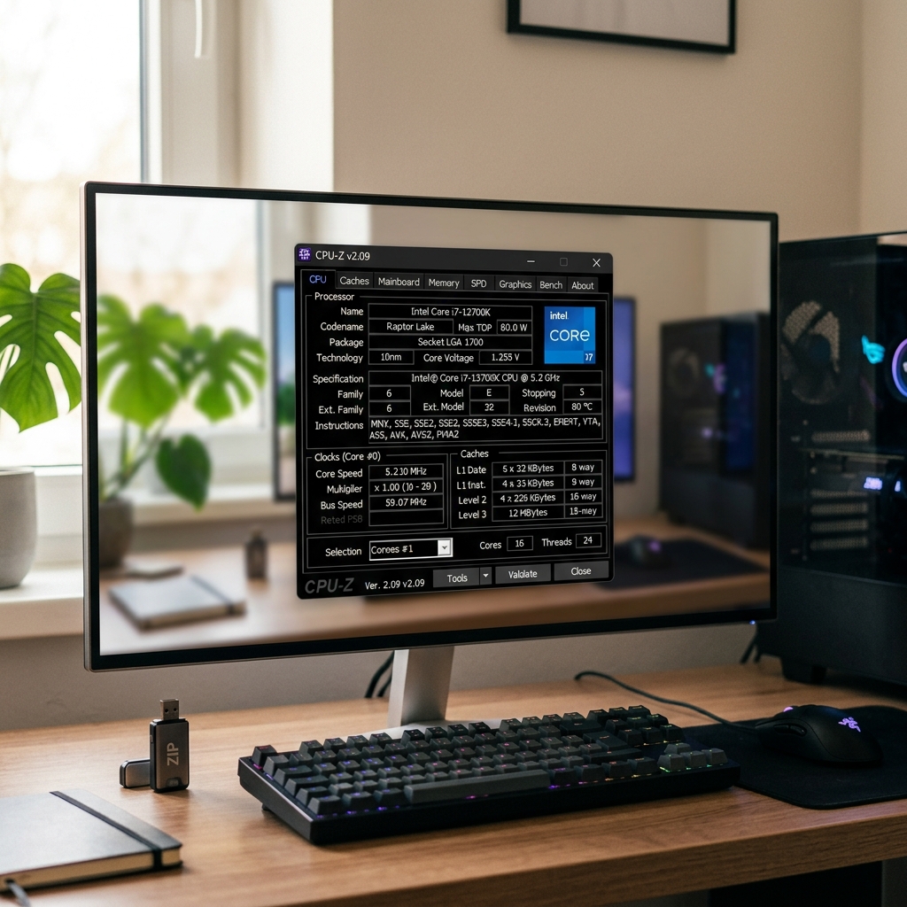 Display showing CPU-Z specifications with a home office background