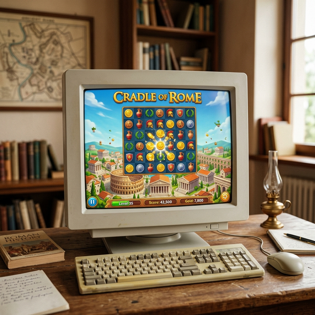 Computerbildschirm zeigt das Spiel Cradle of Rome mit verschiedenen Symbolen und Werten.