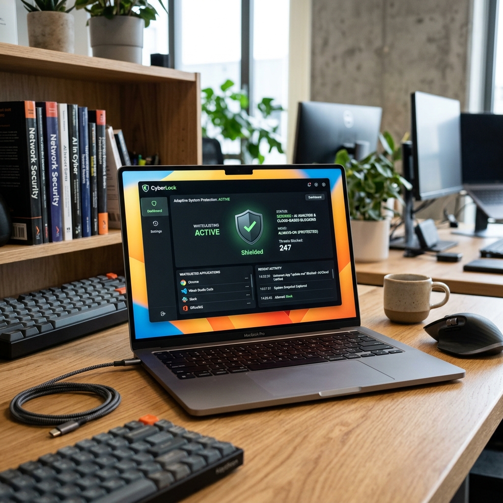 Laptop mit CyberLock Software in einem minimalistischen Büro