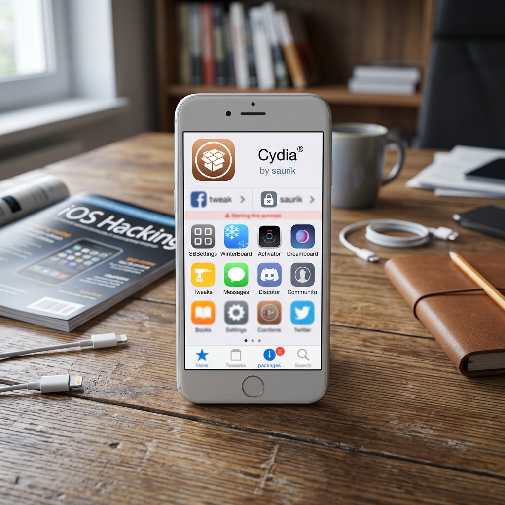 Smartphone mit Cydia-App im Vordergrund, Arbeitsumgebung im Hintergrund.
