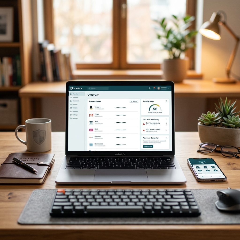 Laptop, Notizbuch, Tasse und Smartphone auf einem Tisch