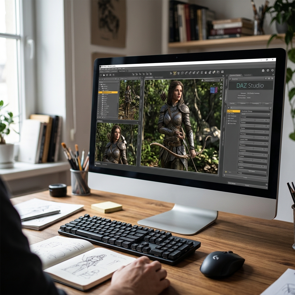 Computer mit DAZ Studio geöffnet, zeigt darstellende Grafiken und eine Person, die skizziert.