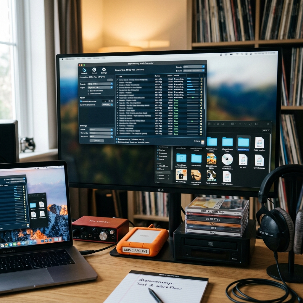 Arbeitsplatz mit Monitor und Laptop, Musikarchiven und Audiotechnik