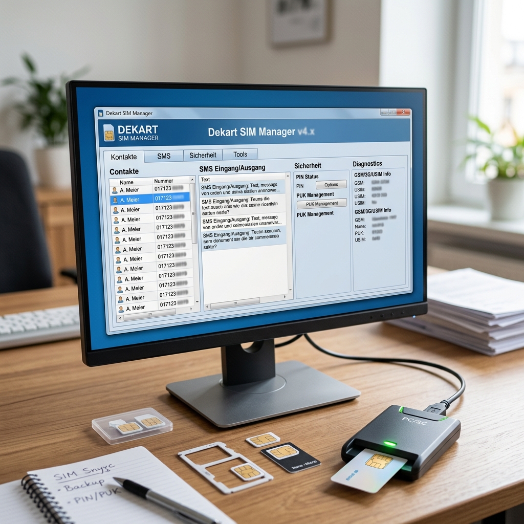 Bildschirm mit Dekart SIM Manager Software und SIM-Karten