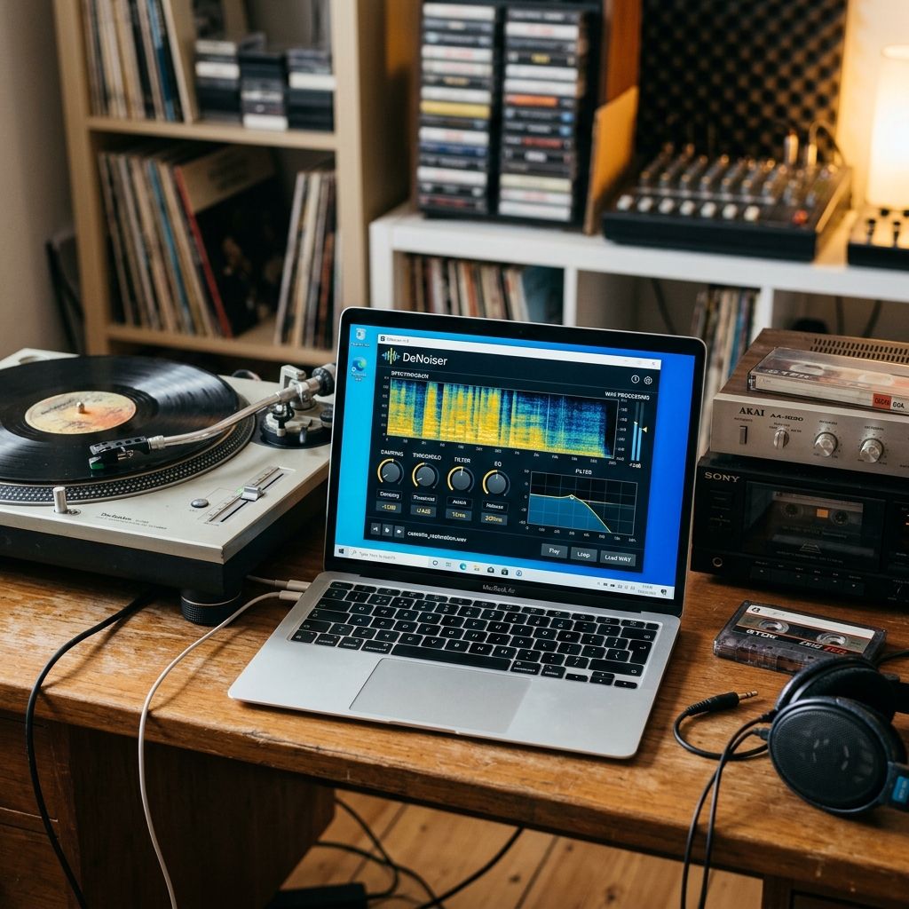Ein Schallplattenspieler mit Laptop und Audiogeräten auf einem Tisch