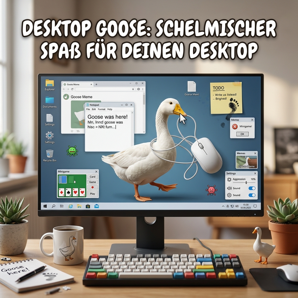Desktop mit einem Goose Meme und geöffneten Programmen