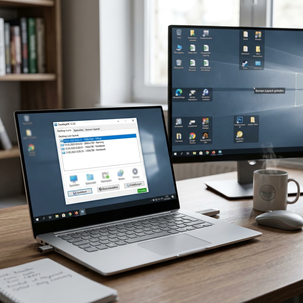 Laptop mit geöffnetem Programm auf dem Bildschirm und Desktop-Icons auf einem Monitor.
