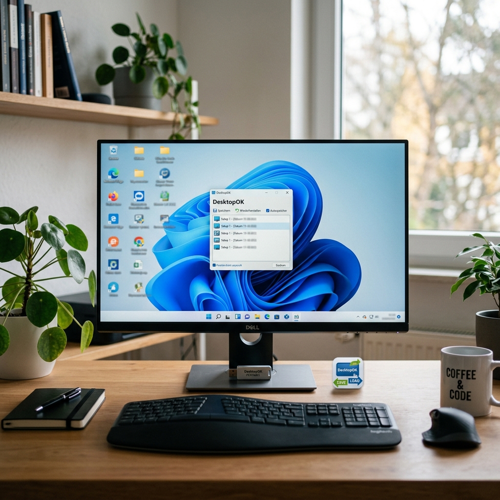 Computerarbeitsplatz mit plants, Monitor und Tastatur.