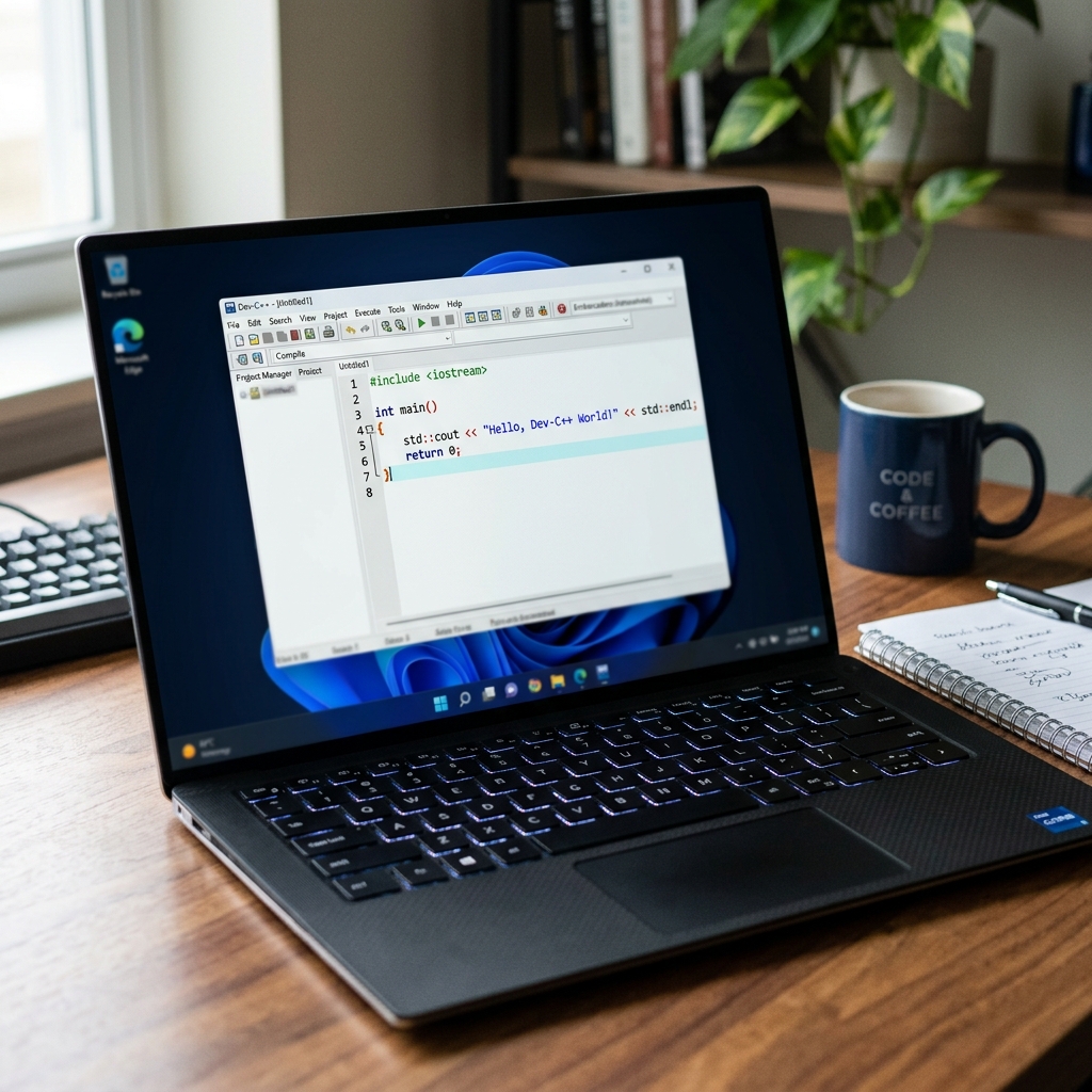 Laptop mit Code-Editor und Notizen auf einem Tisch
