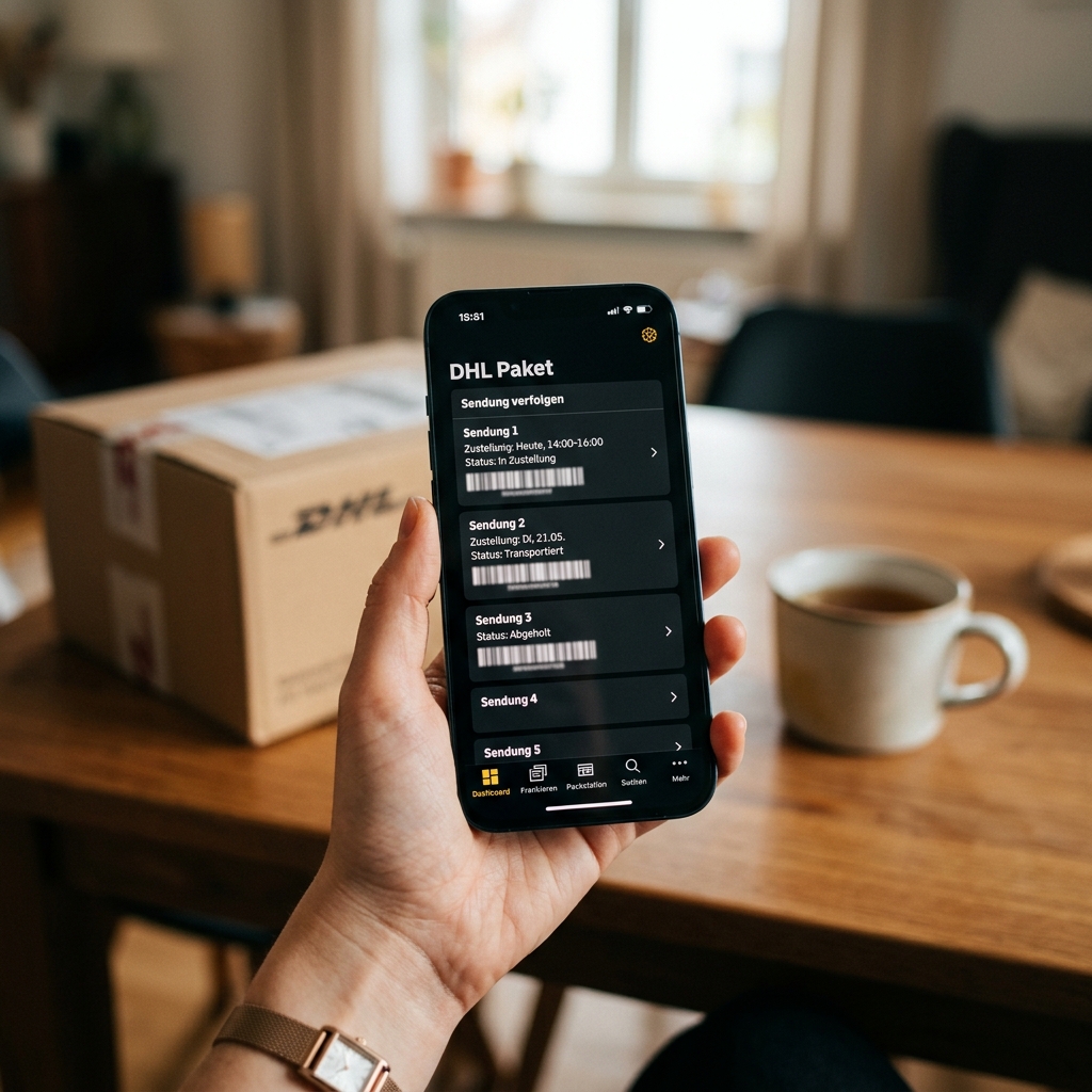 Smartphone zeigt DHL Paketverfolgung auf schwarzem Hintergrund.