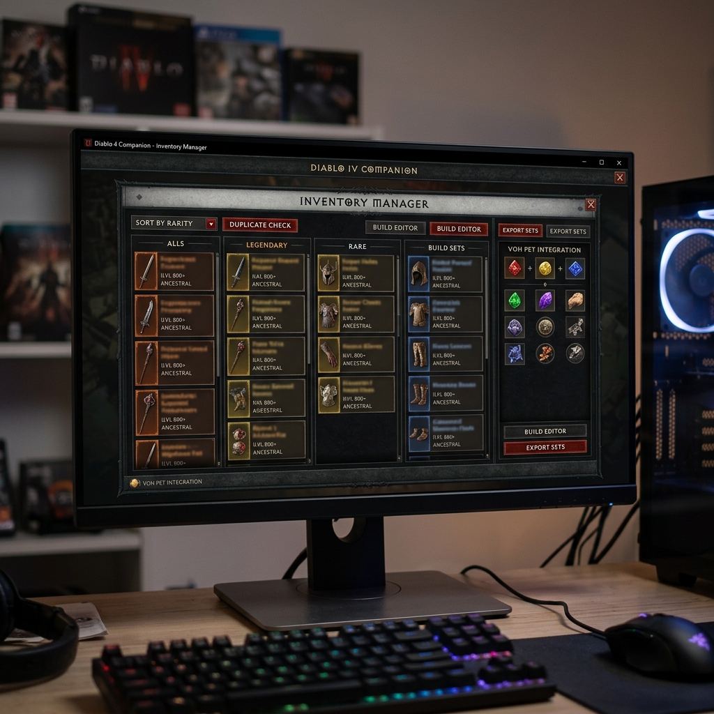Screenshot des Diablo IV Inventory Managers auf einem Monitor